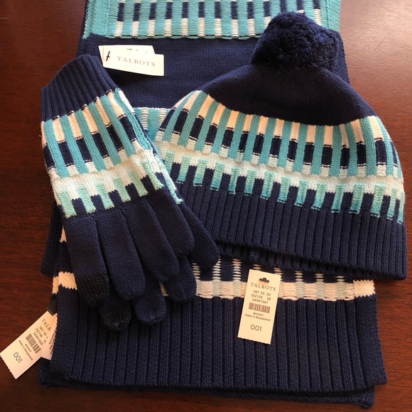 NWT TALBOTS SET OF 3 Blue Fair Isle Scarf, Gloves & Cap - Picture 1 of 9